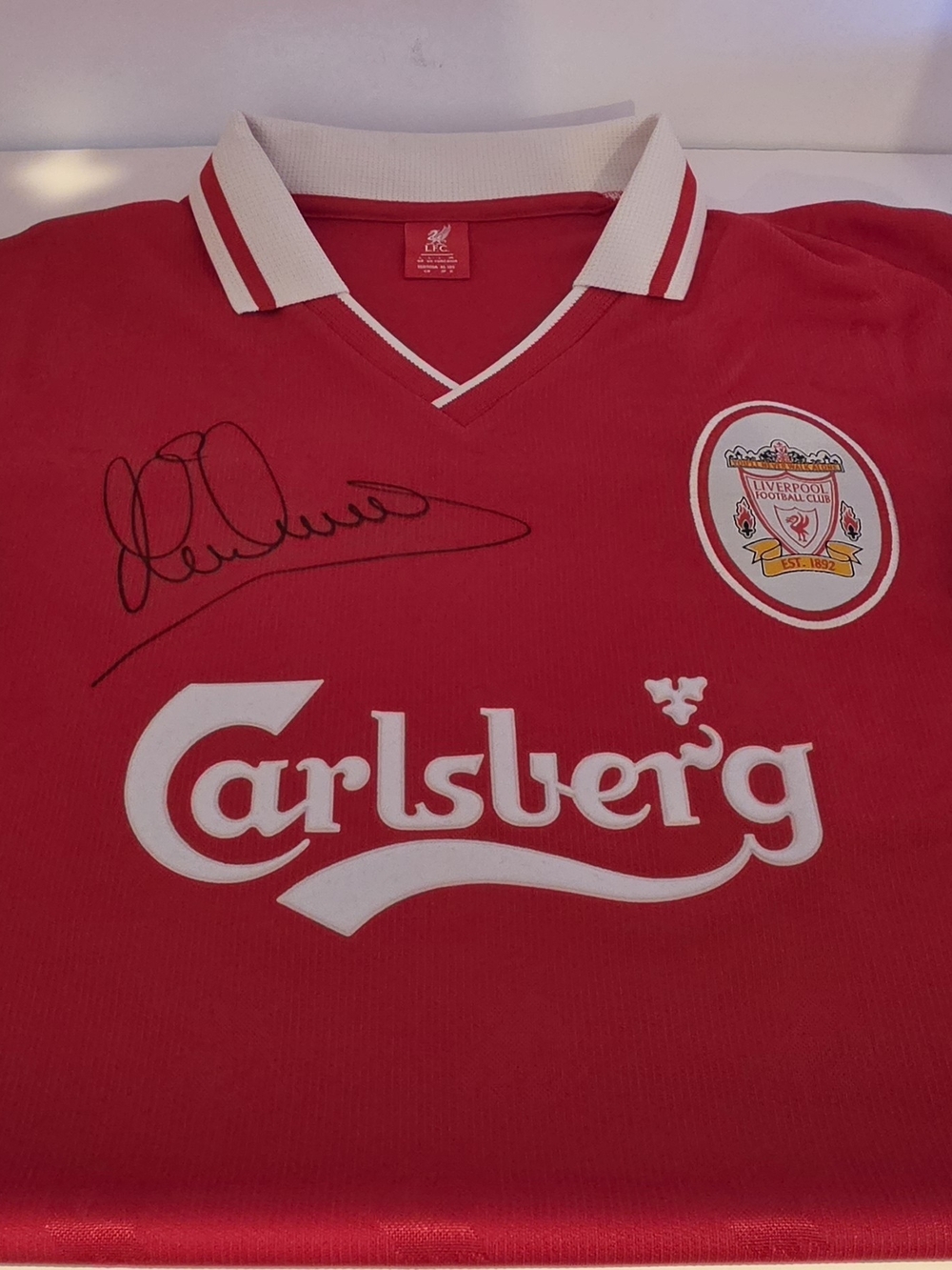 Signed Michael Owen Liverpool Red Jersey w/Carlsberg Logo and Club Crest